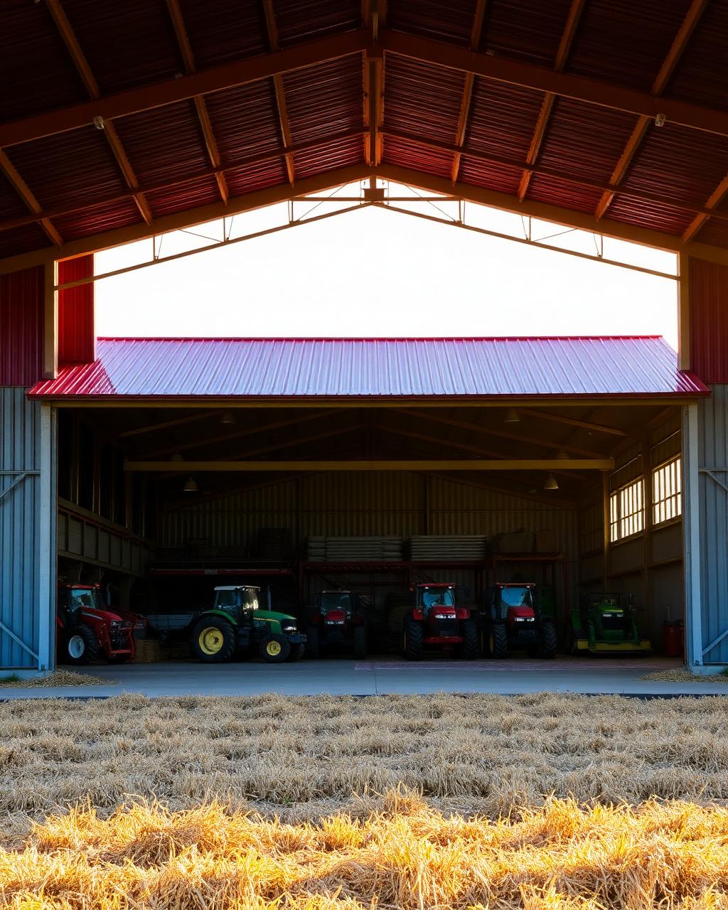 Agricultural equipment barn with open bays and tractors