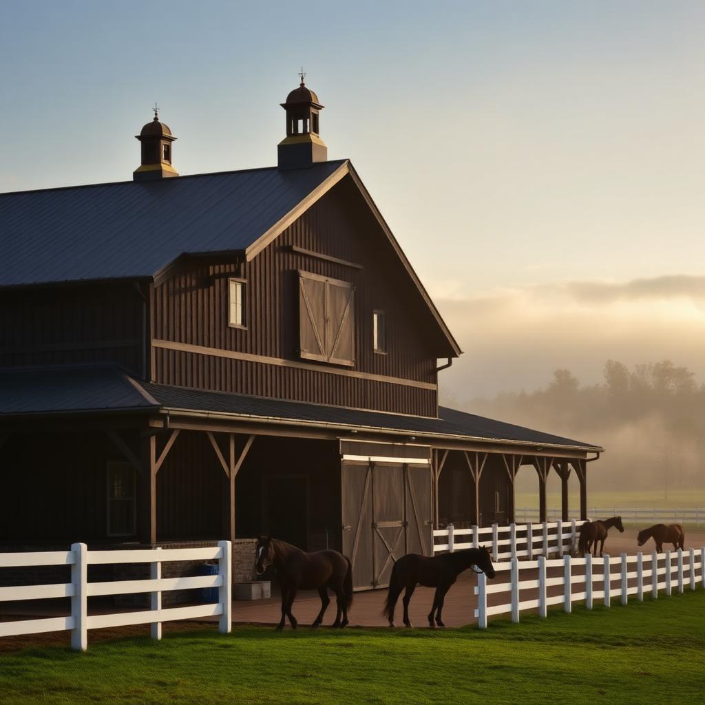 Horse barn with white fencing and grazing horses