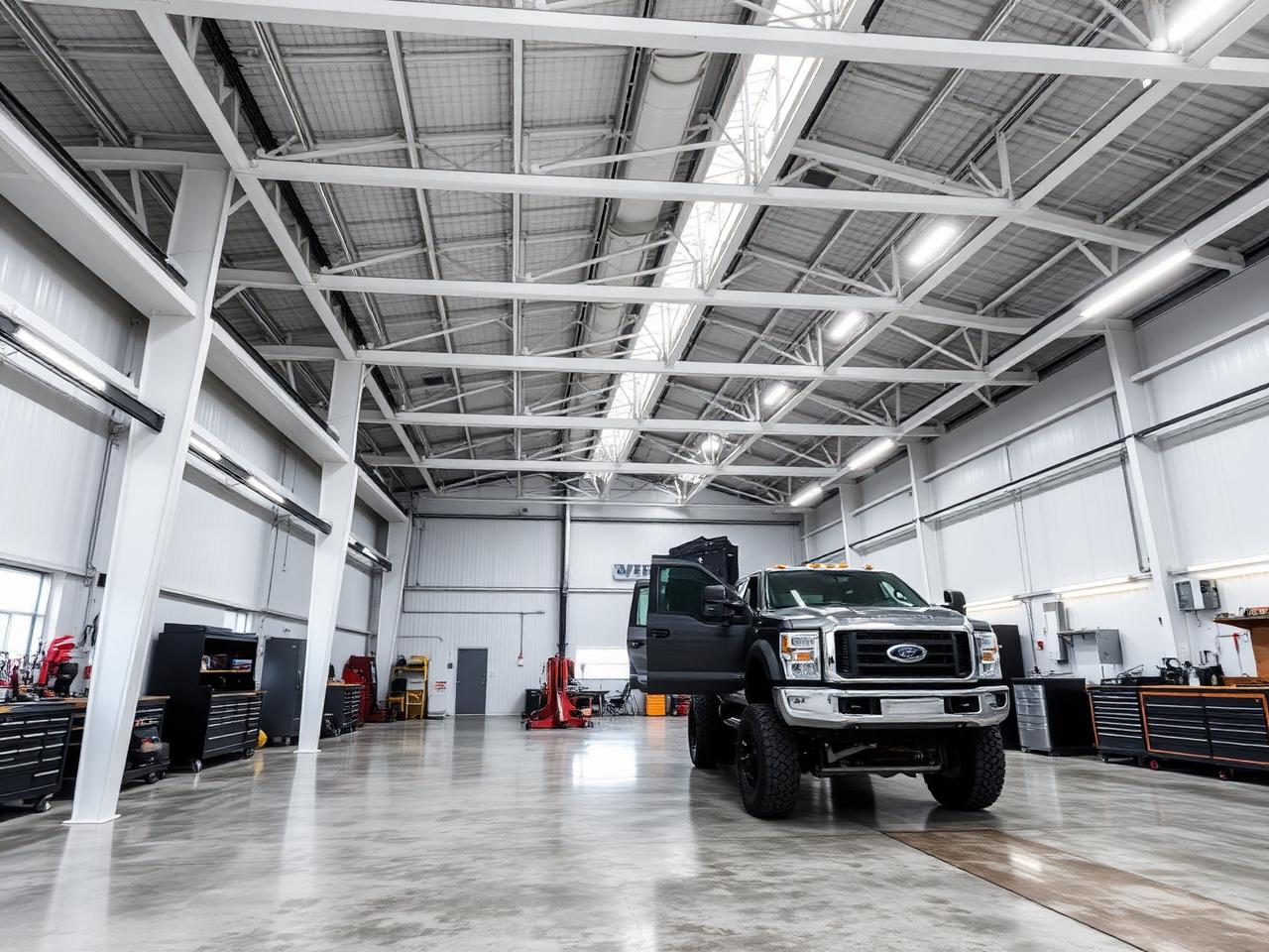 Interior of a clean metal workshop with steel trusses