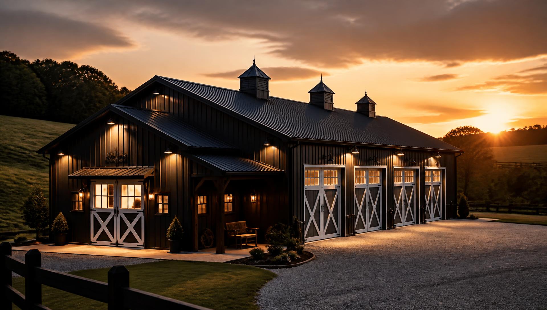 Custom black pole barn with cupolas built in Middle Tennessee at sunset